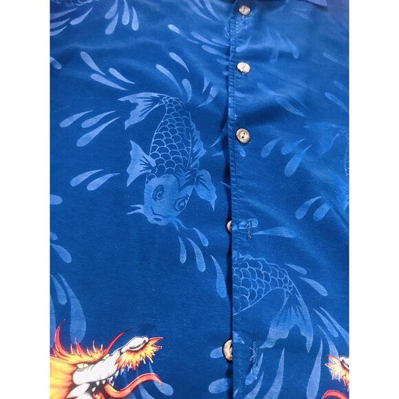 ISLAND SERIES HAWAIIAN MENS BLUE FISH DRAGON SHORT SLEEVE SHIRT USA MADE SIZE L - Picture 4 of 8